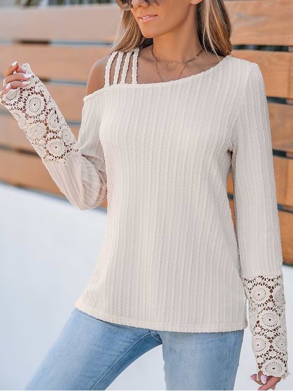 Cupshe J-5 Beige Asymmetrical Neck Long Sleeve Lace Cuff Top Size XS